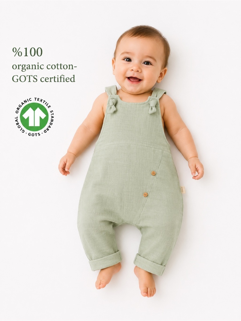 Organic Cotton Baby Overalls Green 3-6M GOTS Certified Romper